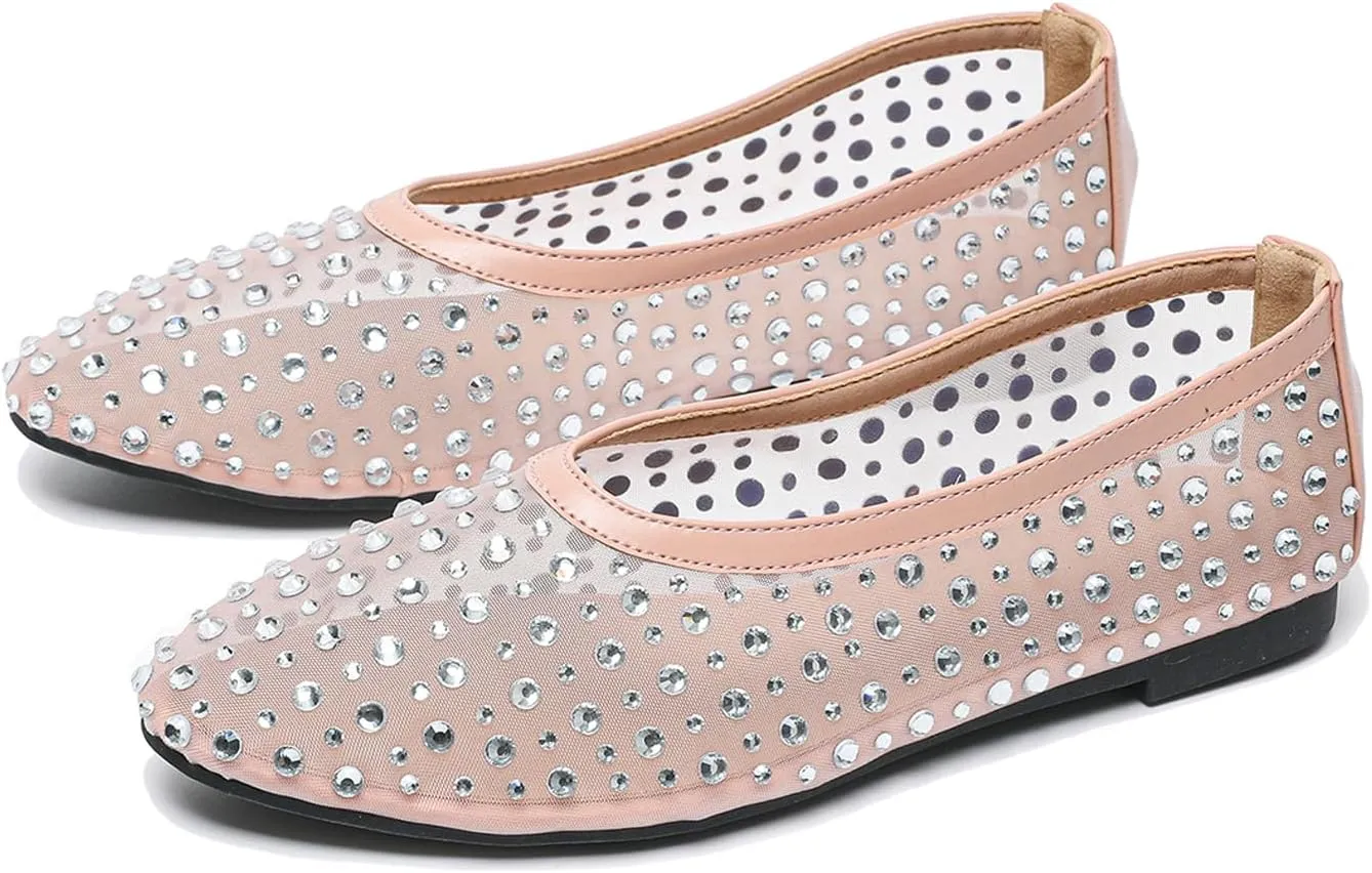 Women's Fashion Shiny Rhinestones Mesh Yarn Flats Ballet Shoes Comfort Breathable Lightweight Slip On Walking Flat Shoes for Dress Wedding Party Prom