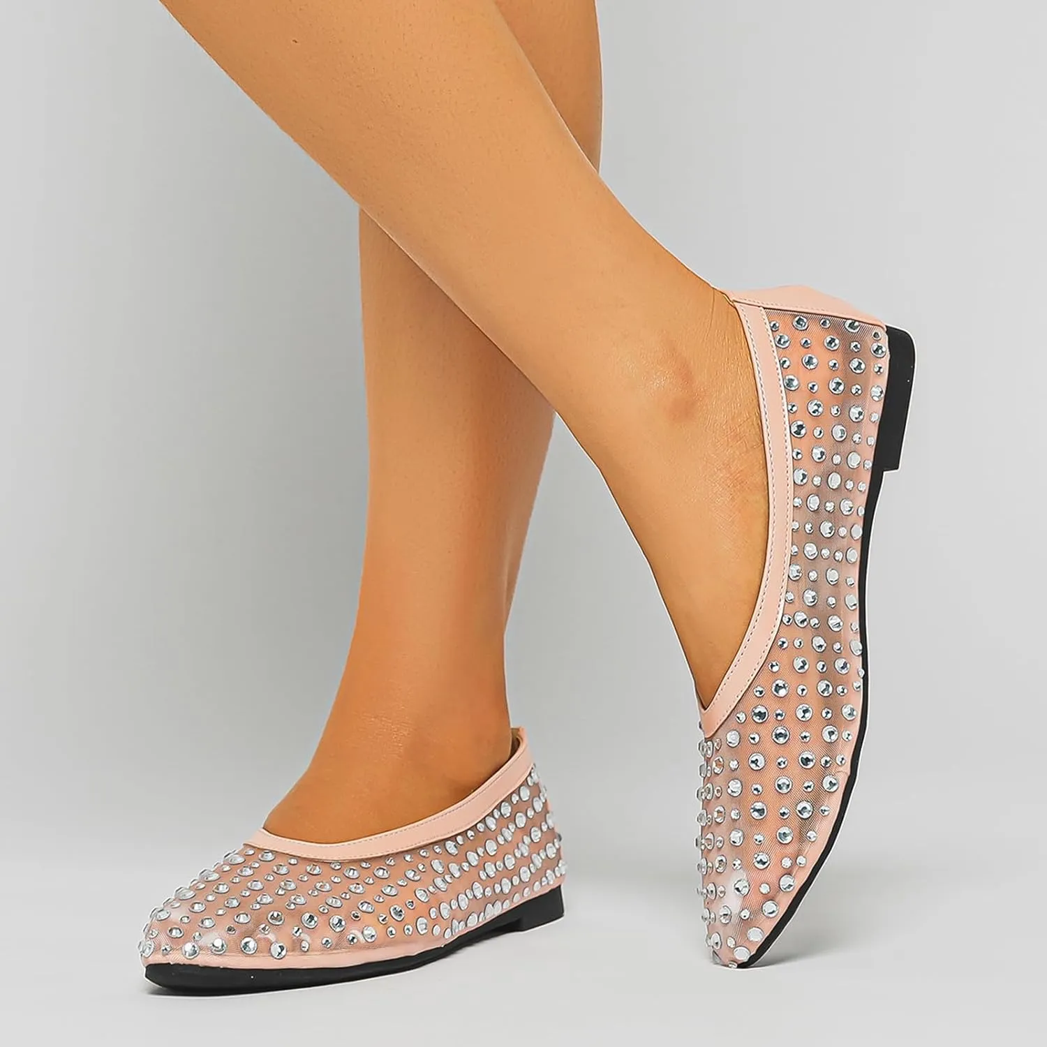 Women's Fashion Shiny Rhinestones Mesh Yarn Flats Ballet Shoes Comfort Breathable Lightweight Slip On Walking Flat Shoes for Dress Wedding Party Prom