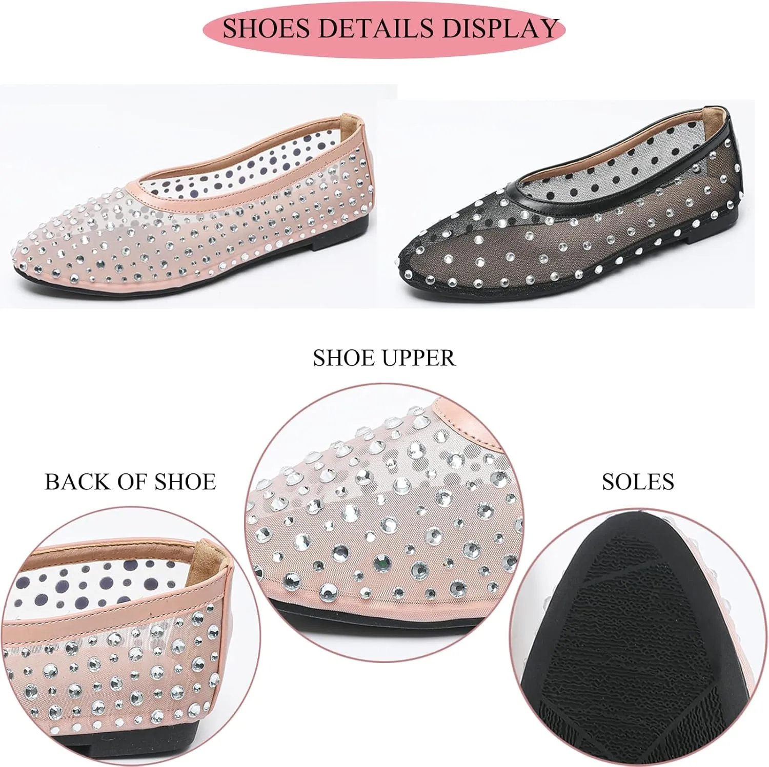 Women's Fashion Shiny Rhinestones Mesh Yarn Flats Ballet Shoes Comfort Breathable Lightweight Slip On Walking Flat Shoes for Dress Wedding Party Prom