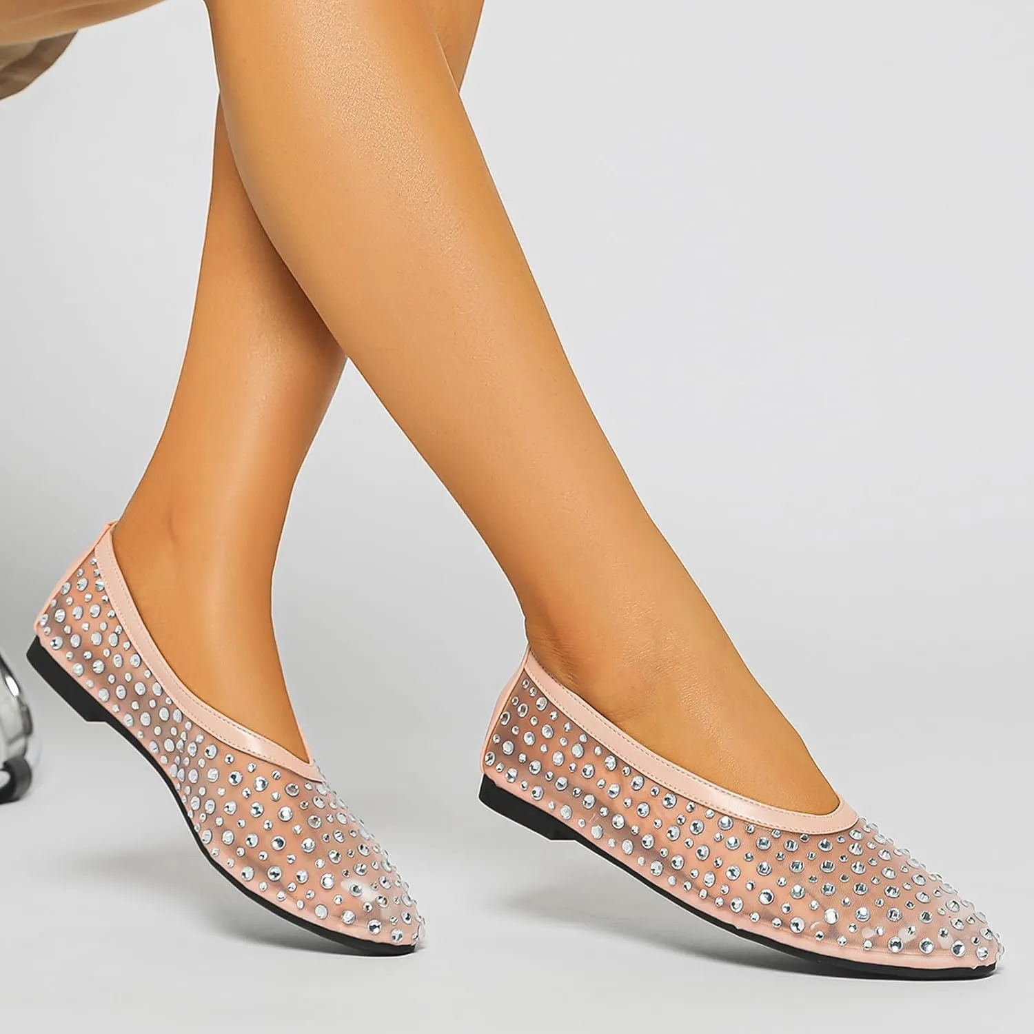 Women's Fashion Shiny Rhinestones Mesh Yarn Flats Ballet Shoes Comfort Breathable Lightweight Slip On Walking Flat Shoes for Dress Wedding Party Prom