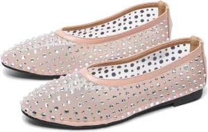 Women's Fashion Shiny Rhinestones Mesh Yarn Flats Ballet Shoes Comfort Breathable Lightweight Slip On Walking Flat Shoes for Dress Wedding Party Prom