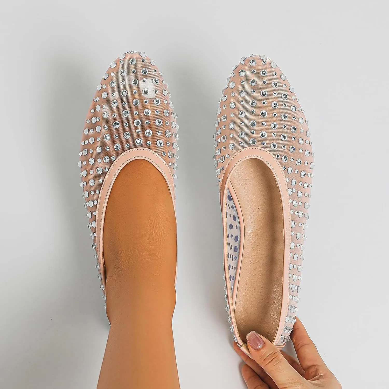 Women's Fashion Shiny Rhinestones Mesh Yarn Flats Ballet Shoes Comfort Breathable Lightweight Slip On Walking Flat Shoes for Dress Wedding Party Prom