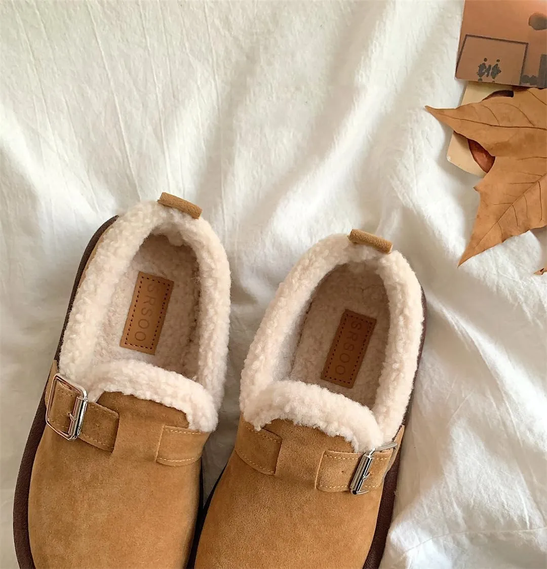 Women's Fuzzy Lined Slip-On Loafers, Warm Winter Snow Shoes, Non-Slip Soft Sole Flats