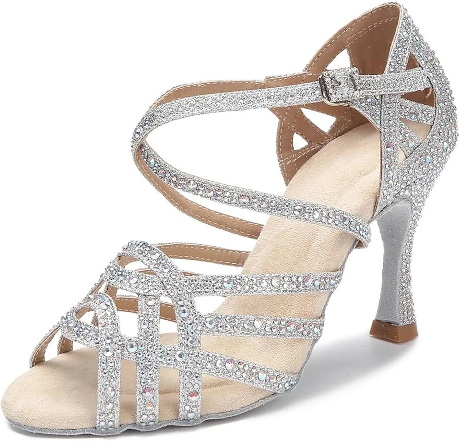 Women's Geometric Rhinestone Sandals - Soft Sole Heels for Modern Indoor Gatherings (6CM/2.36")
