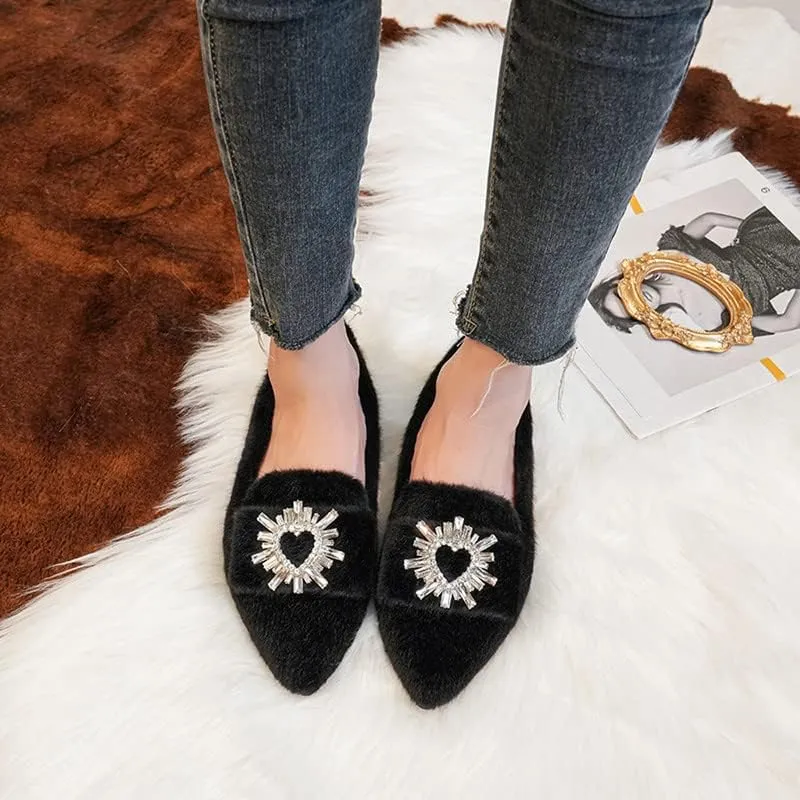 Women's Glitter Rhinestone Wedding Flats Winter Fur Dress Shoes Pointed Toe Ballet Flats