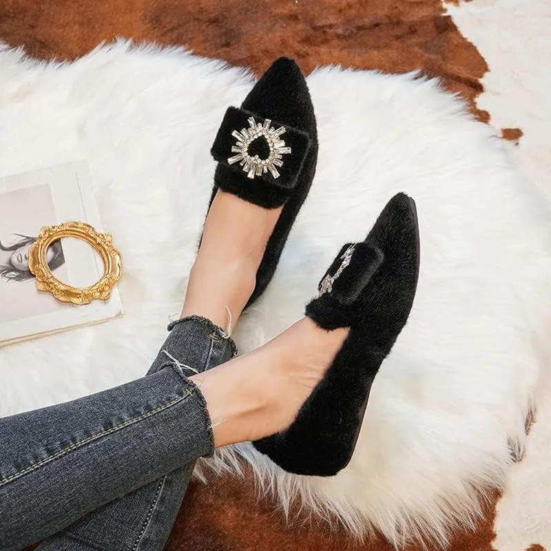Women's Glitter Rhinestone Wedding Flats Winter Fur Dress Shoes Pointed Toe Ballet Flats