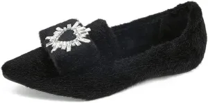 Women's Glitter Rhinestone Wedding Flats Winter Fur Dress Shoes Pointed Toe Ballet Flats