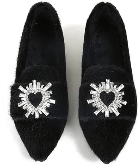 Women's Glitter Rhinestone Wedding Flats Winter Fur Dress Shoes Pointed Toe Ballet Flats