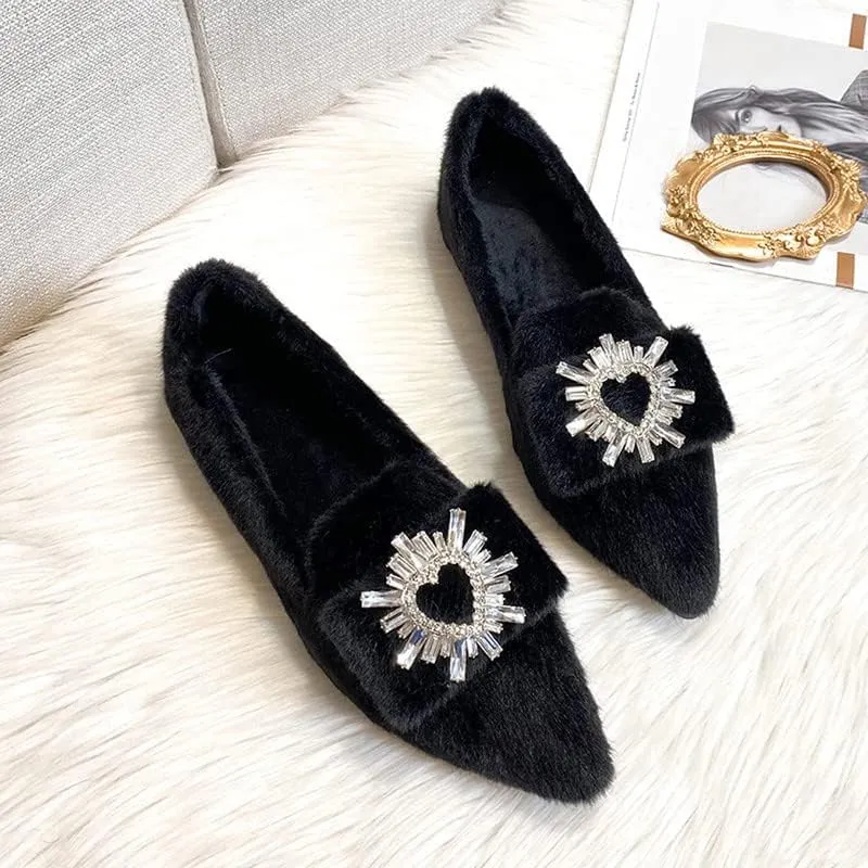 Women's Glitter Rhinestone Wedding Flats Winter Fur Dress Shoes Pointed Toe Ballet Flats