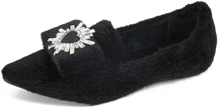 Women's Glitter Rhinestone Wedding Flats Winter Fur Dress Shoes Pointed Toe Ballet Flats