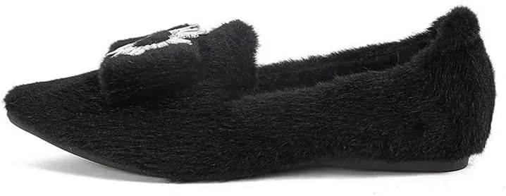 Women's Glitter Rhinestone Wedding Flats Winter Fur Dress Shoes Pointed Toe Ballet Flats