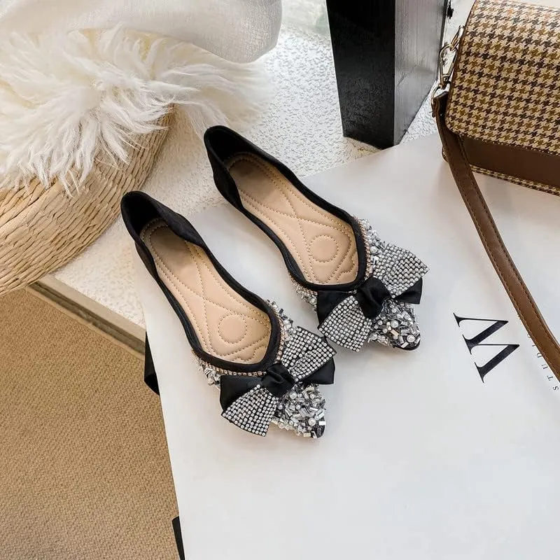 Women's Glitter Rhinestone Wedding Flats Winter Fur Dress Shoes Pointed Toe Ballet Flats