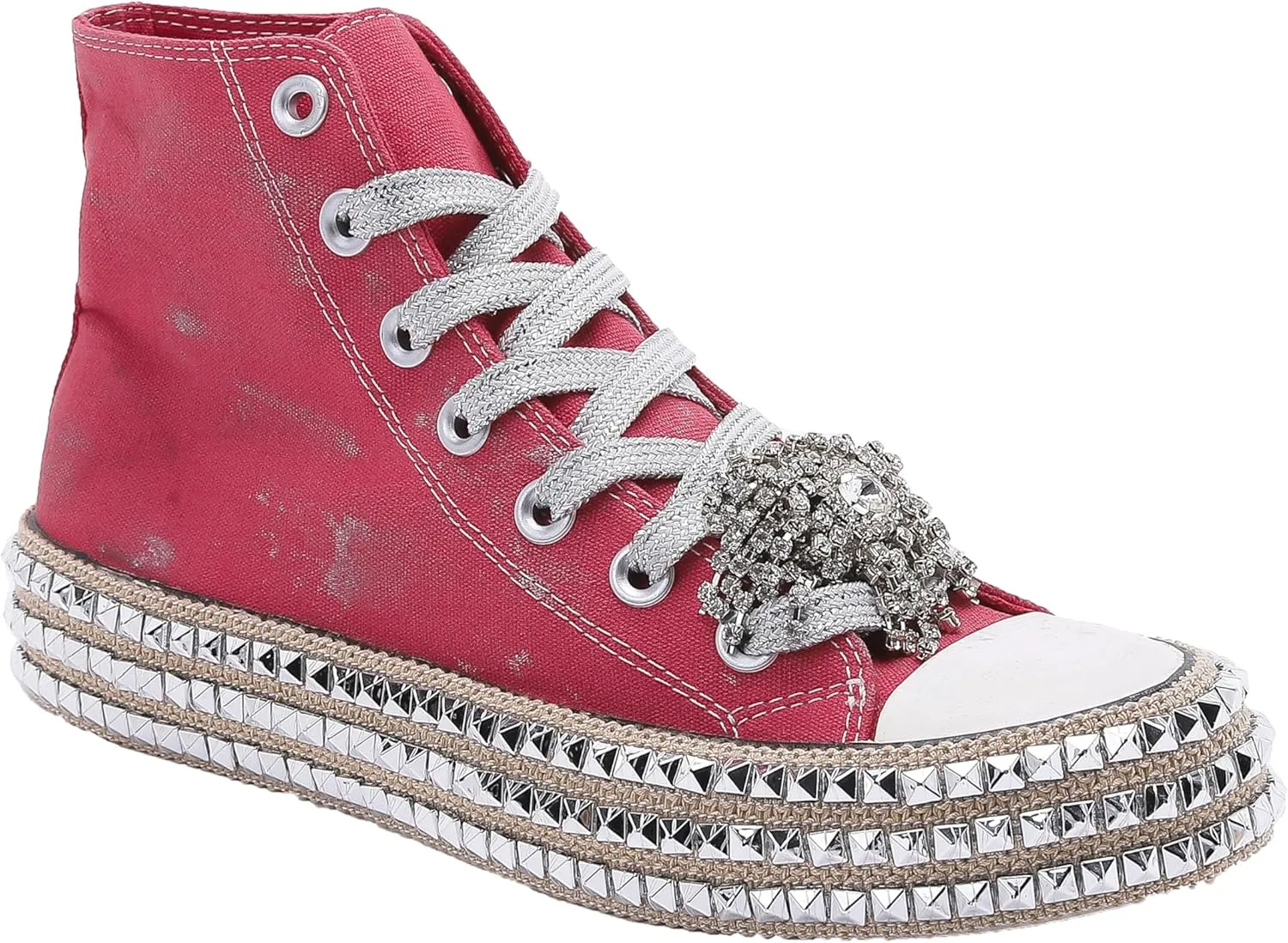 Womens High-Top Canvas Sneakers Studded Rhinestone Side Shoes Lace Up Fashion Shoes Casual Platform Ankle Boots