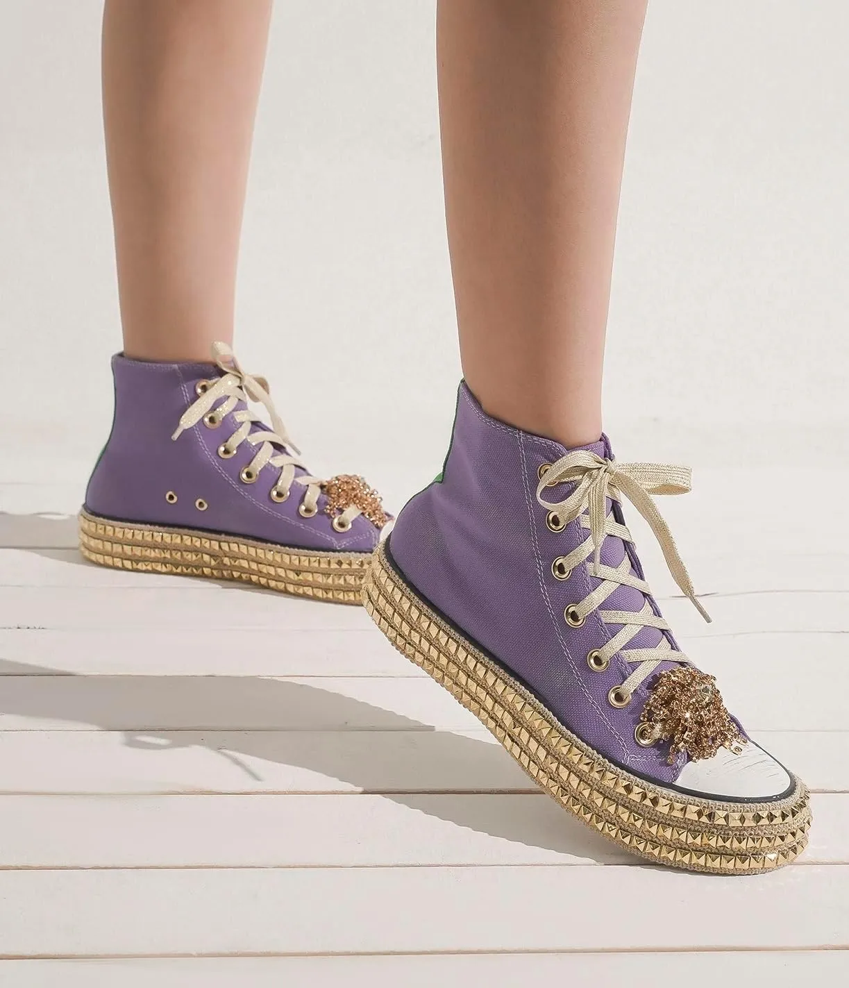 Womens High-Top Canvas Sneakers Studded Rhinestone Side Shoes Lace Up Fashion Shoes Casual Platform Ankle Boots