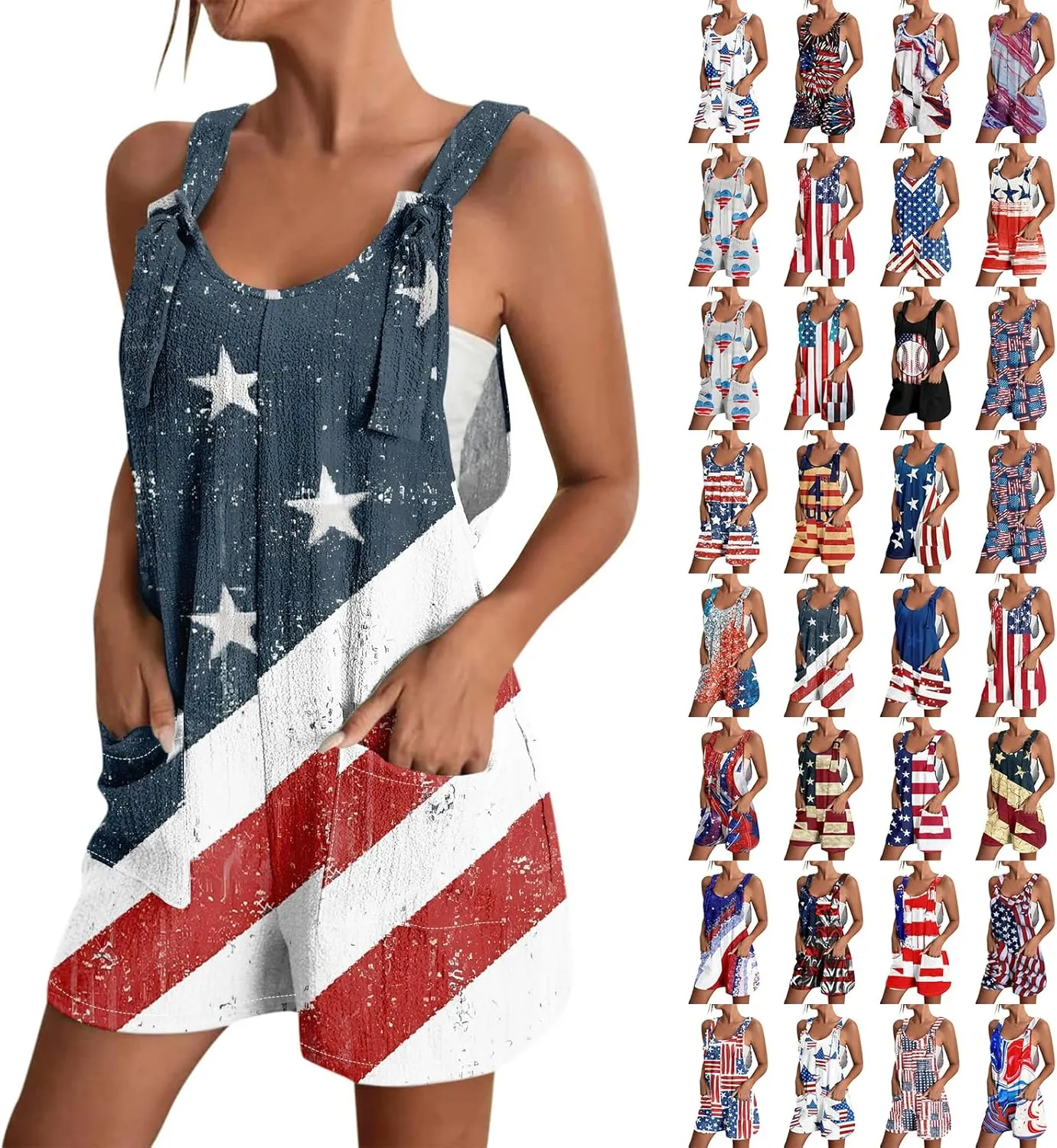 Womens Independence Day Shorts Romper American Flag Overalls Sleeveless Baggy Adjustable One Piece Jumpsuit w/Pockets