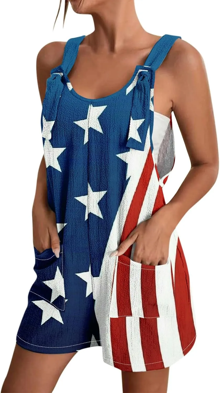 Womens Independence Day Shorts Romper American Flag Overalls Sleeveless Baggy Adjustable One Piece Jumpsuit w/Pockets