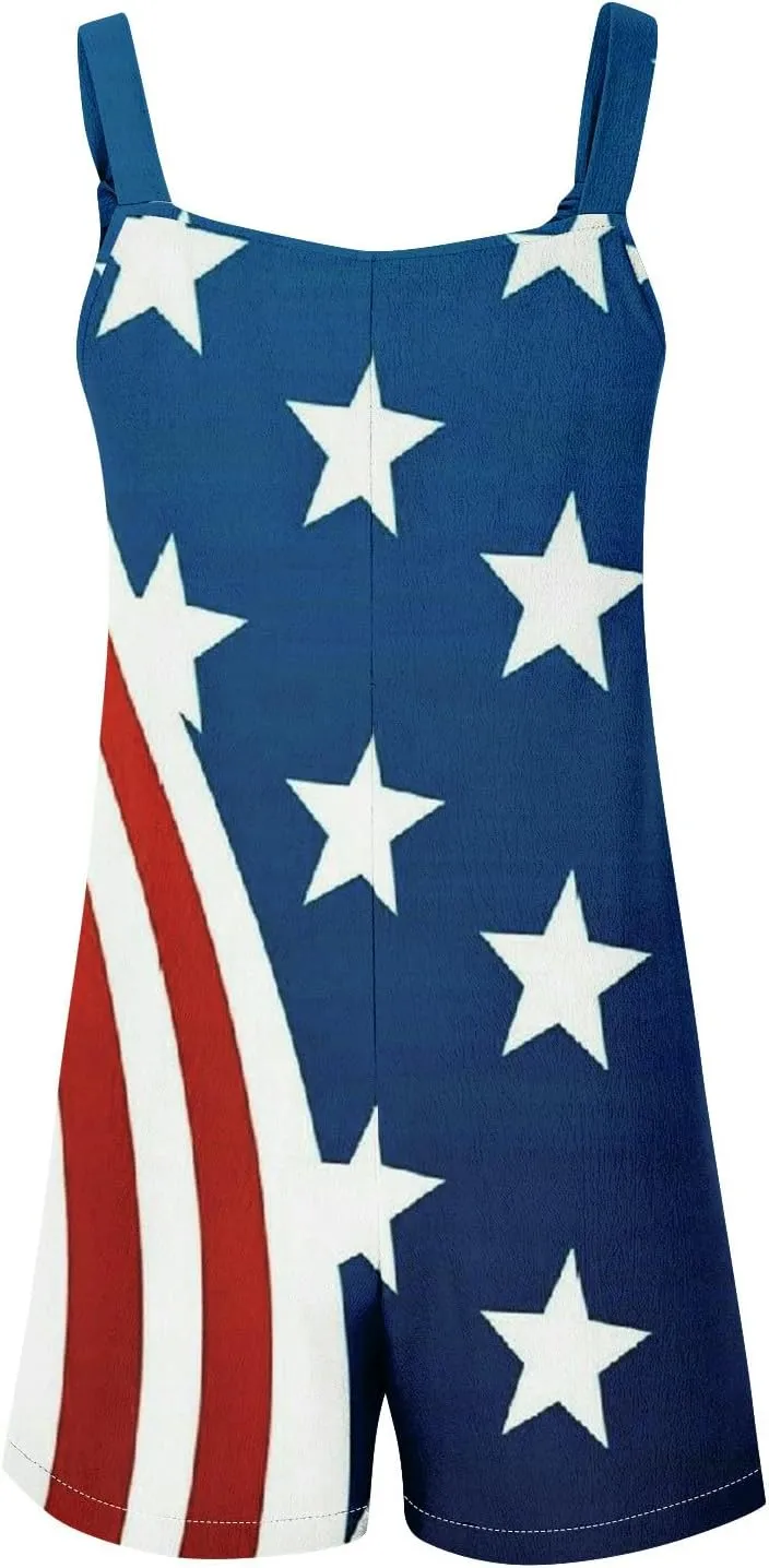 Womens Independence Day Shorts Romper American Flag Overalls Sleeveless Baggy Adjustable One Piece Jumpsuit w/Pockets