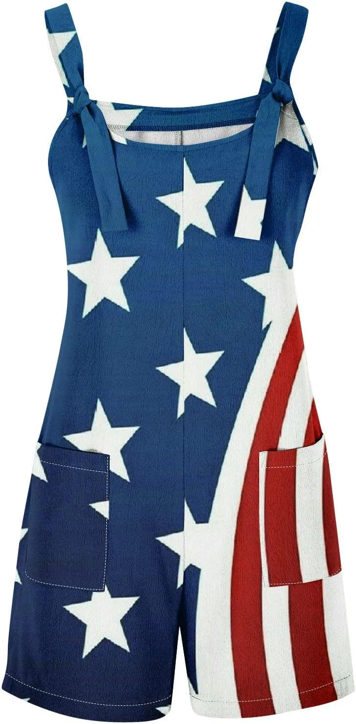 Womens Independence Day Shorts Romper American Flag Overalls Sleeveless Baggy Adjustable One Piece Jumpsuit w/Pockets