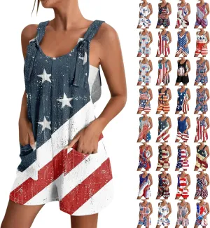 Womens Independence Day Shorts Romper American Flag Overalls Sleeveless Baggy Adjustable One Piece Jumpsuit w/Pockets