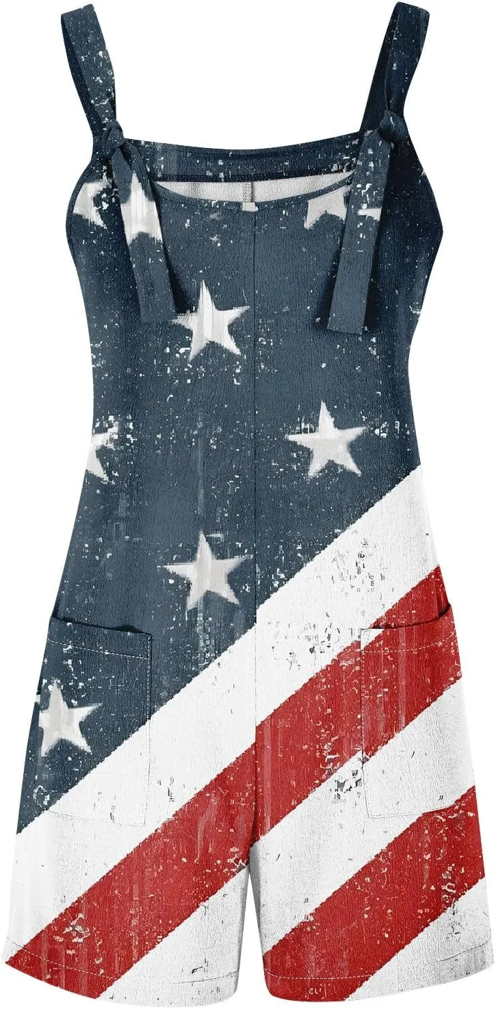 Womens Independence Day Shorts Romper American Flag Overalls Sleeveless Baggy Adjustable One Piece Jumpsuit w/Pockets