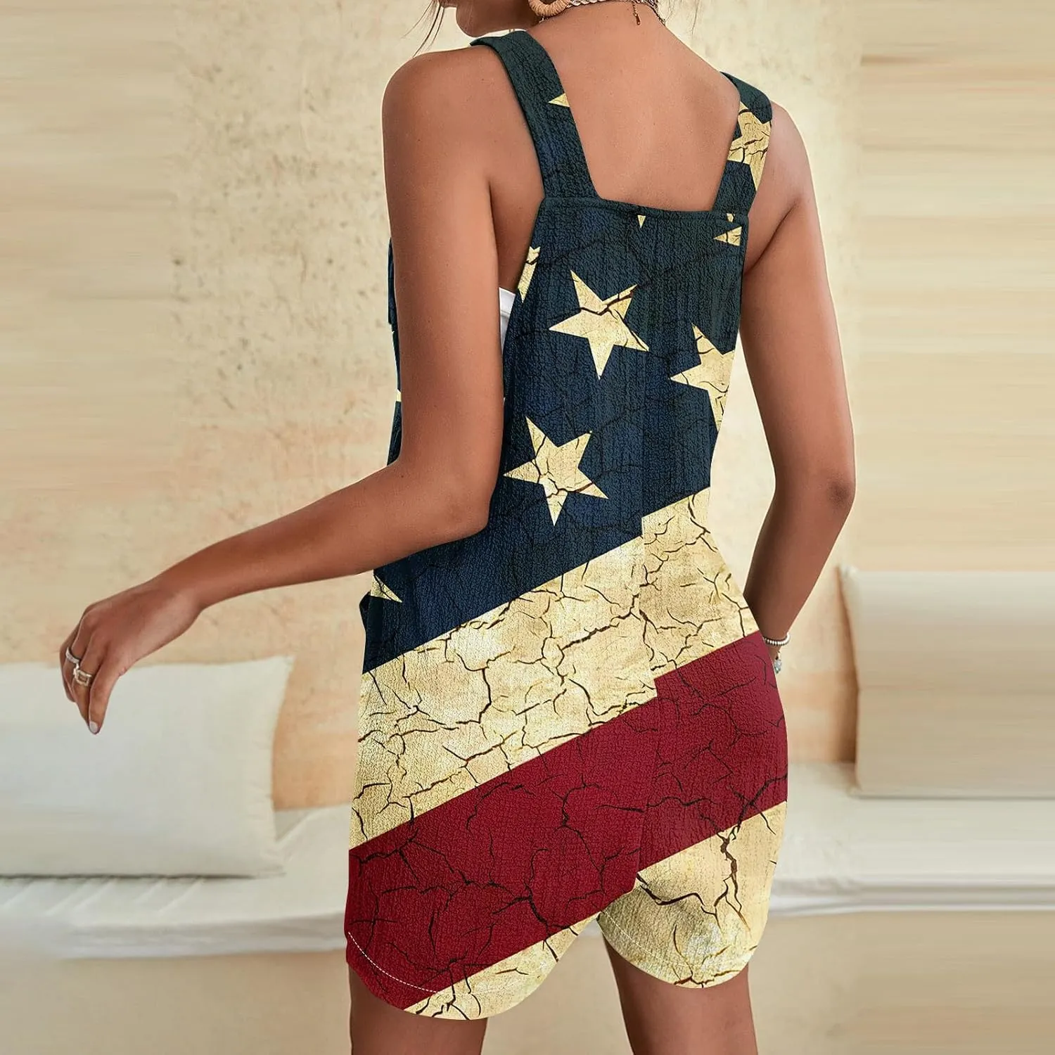 Womens Independence Day Shorts Romper American Flag Overalls Sleeveless Baggy Adjustable One Piece Jumpsuit w/Pockets