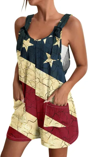 Womens Independence Day Shorts Romper American Flag Overalls Sleeveless Baggy Adjustable One Piece Jumpsuit w/Pockets