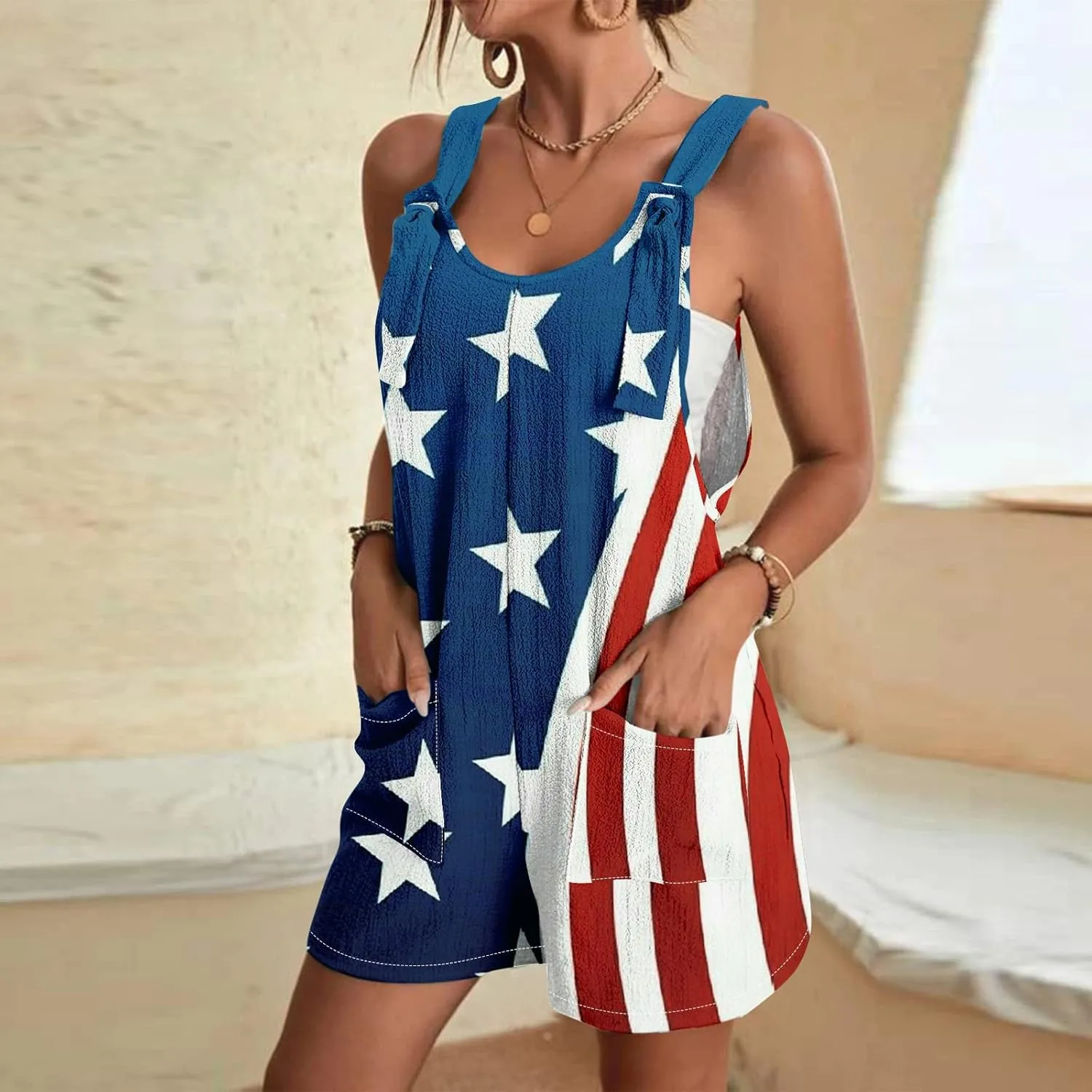 Womens Independence Day Shorts Romper American Flag Overalls Sleeveless Baggy Adjustable One Piece Jumpsuit w/Pockets