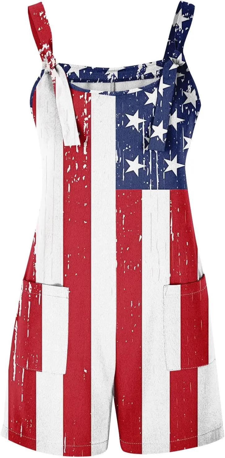 Womens Independence Day Shorts Romper American Flag Overalls Sleeveless Baggy Adjustable One Piece Jumpsuit w/Pockets