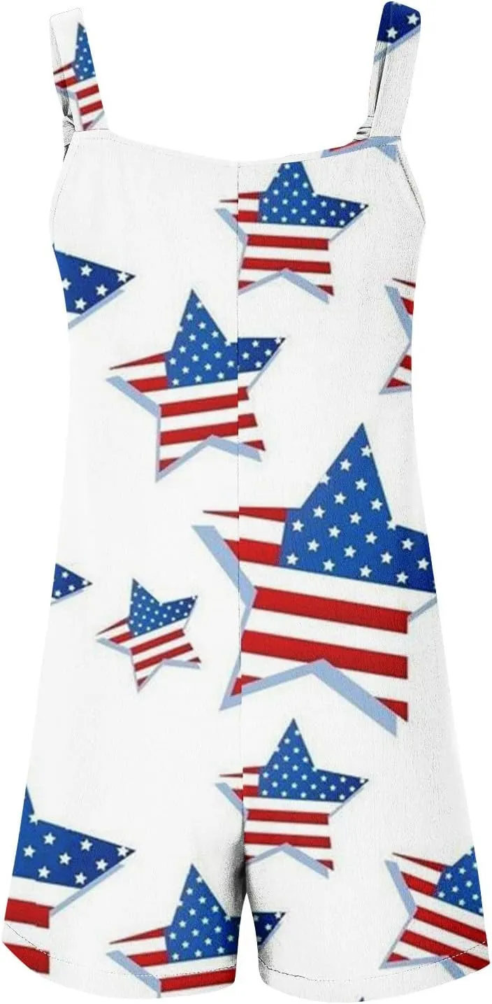 Womens Independence Day Shorts Romper American Flag Overalls Sleeveless Baggy Adjustable One Piece Jumpsuit w/Pockets
