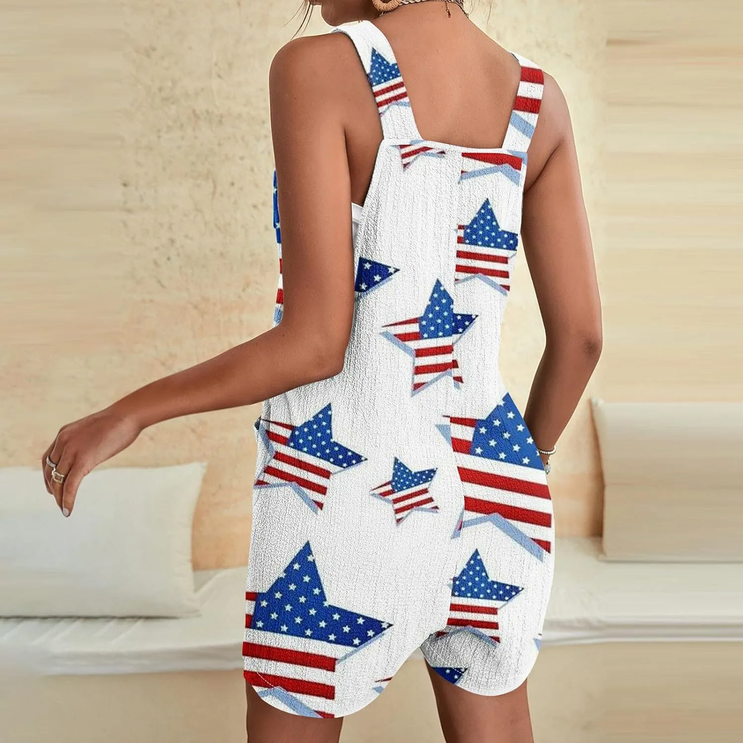 Womens Independence Day Shorts Romper American Flag Overalls Sleeveless Baggy Adjustable One Piece Jumpsuit w/Pockets