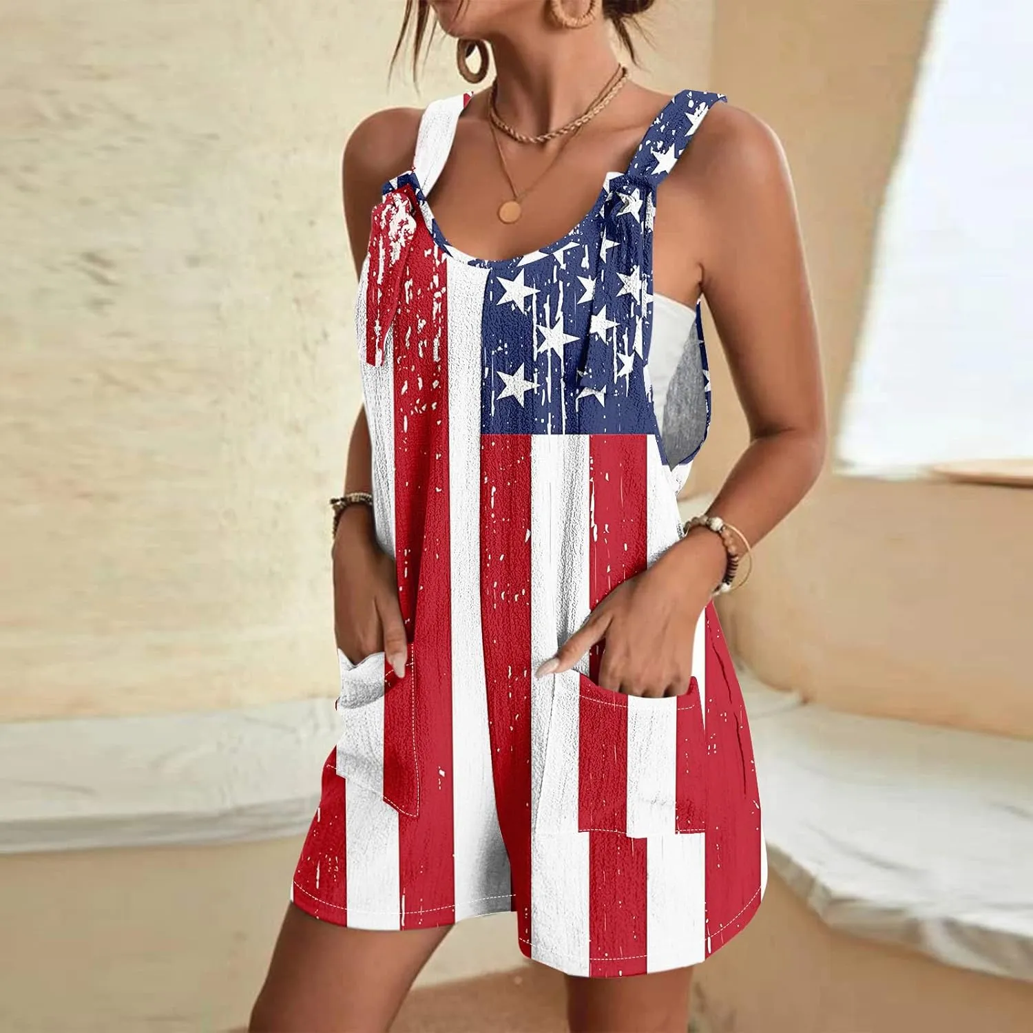 Womens Independence Day Shorts Romper American Flag Overalls Sleeveless Baggy Adjustable One Piece Jumpsuit w/Pockets
