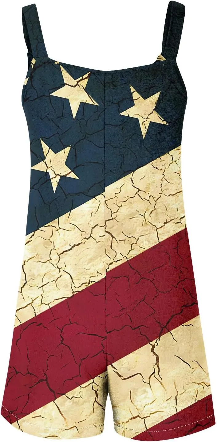 Womens Independence Day Shorts Romper American Flag Overalls Sleeveless Baggy Adjustable One Piece Jumpsuit w/Pockets