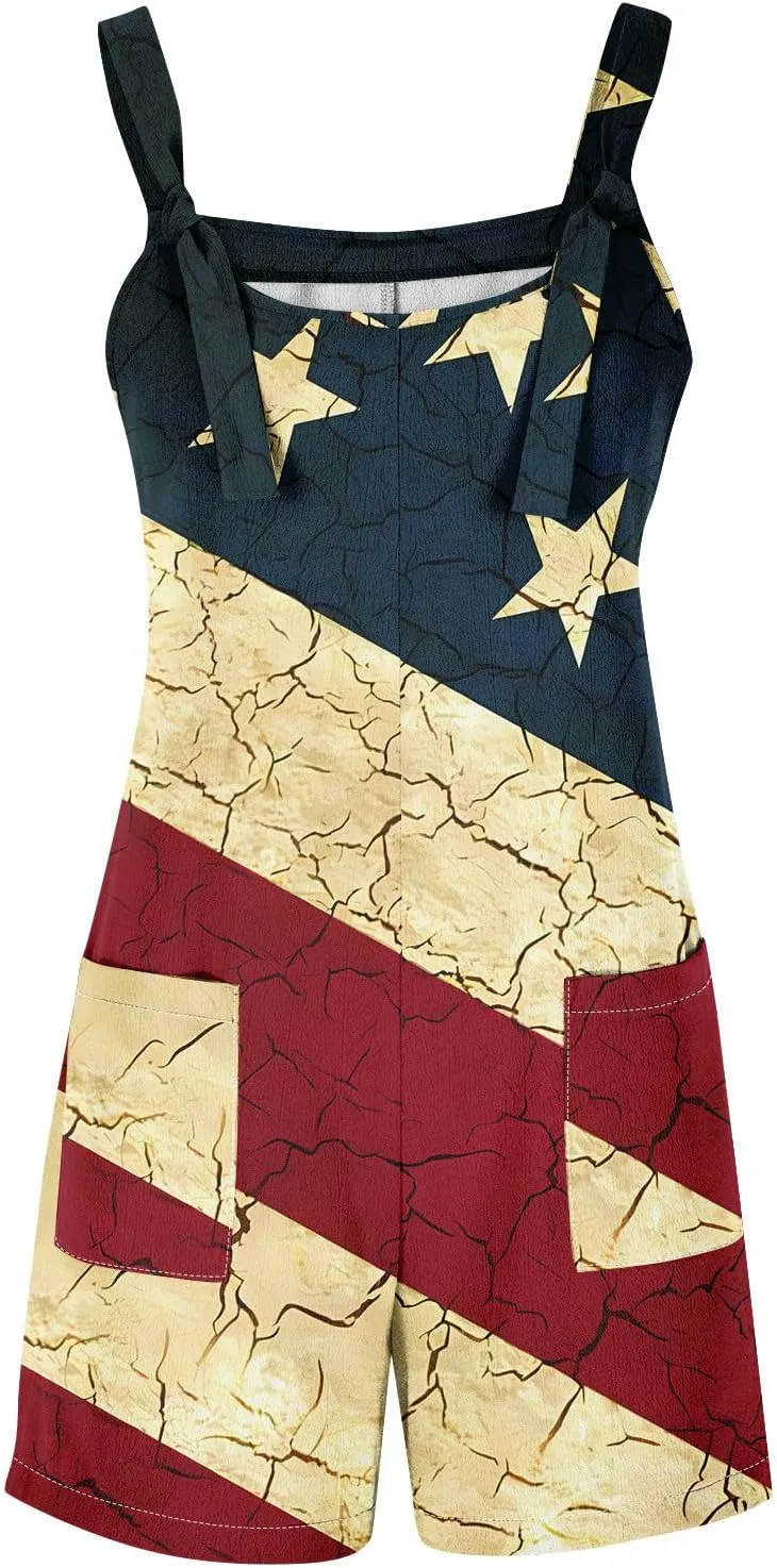 Womens Independence Day Shorts Romper American Flag Overalls Sleeveless Baggy Adjustable One Piece Jumpsuit w/Pockets