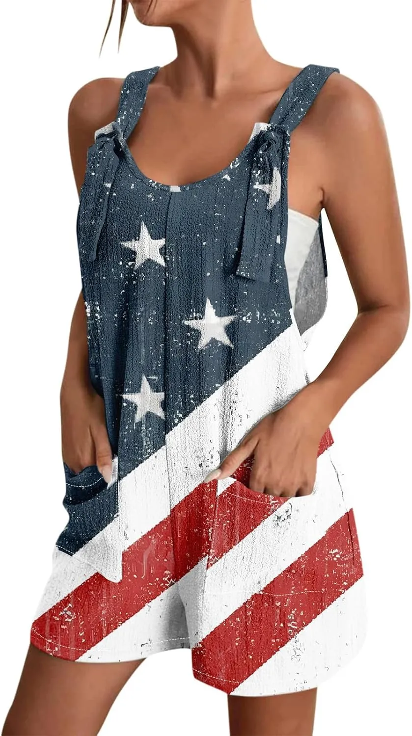 Womens Independence Day Shorts Romper American Flag Overalls Sleeveless Baggy Adjustable One Piece Jumpsuit w/Pockets