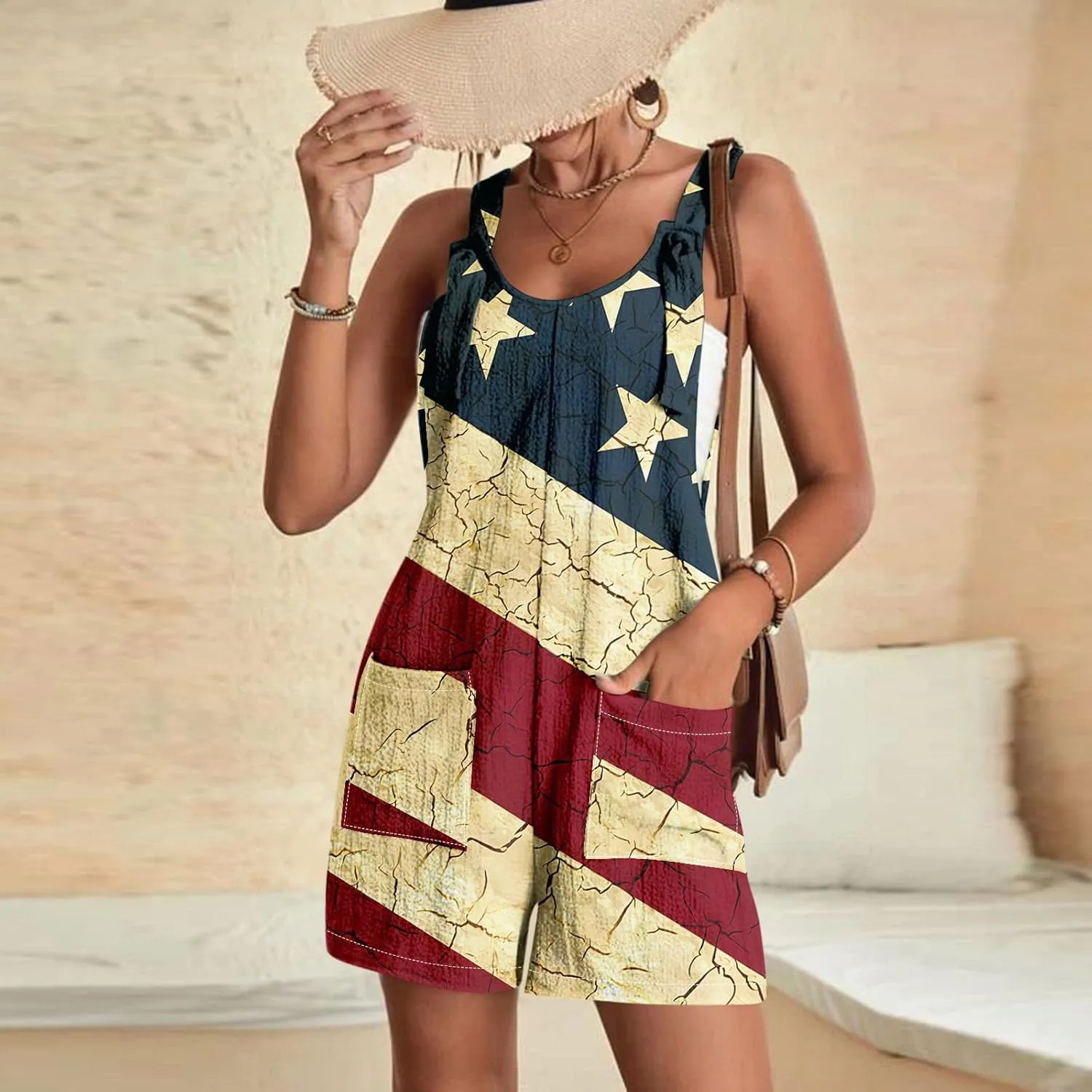 Womens Independence Day Shorts Romper American Flag Overalls Sleeveless Baggy Adjustable One Piece Jumpsuit w/Pockets