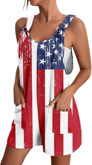 Womens Independence Day Shorts Romper American Flag Overalls Sleeveless Baggy Adjustable One Piece Jumpsuit w/Pockets