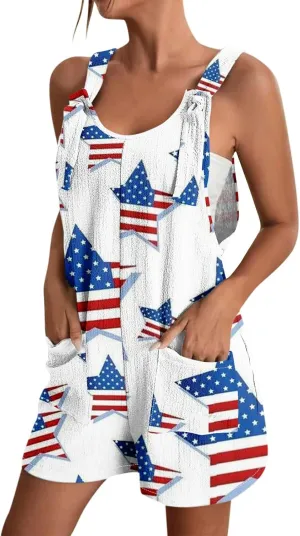 Womens Independence Day Shorts Romper American Flag Overalls Sleeveless Baggy Adjustable One Piece Jumpsuit w/Pockets