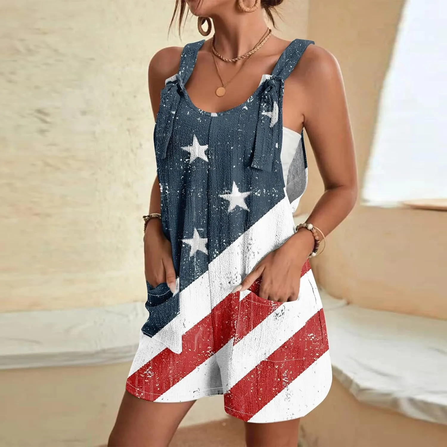 Womens Independence Day Shorts Romper American Flag Overalls Sleeveless Baggy Adjustable One Piece Jumpsuit w/Pockets