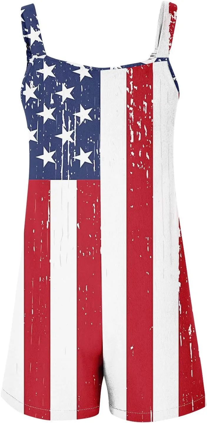 Womens Independence Day Shorts Romper American Flag Overalls Sleeveless Baggy Adjustable One Piece Jumpsuit w/Pockets