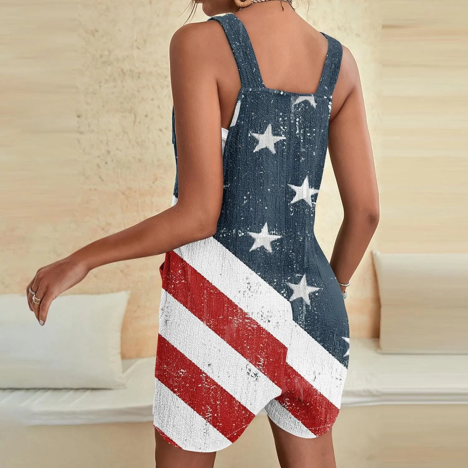 Womens Independence Day Shorts Romper American Flag Overalls Sleeveless Baggy Adjustable One Piece Jumpsuit w/Pockets