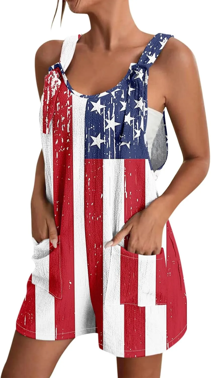 Womens Independence Day Shorts Romper American Flag Overalls Sleeveless Baggy Adjustable One Piece Jumpsuit w/Pockets