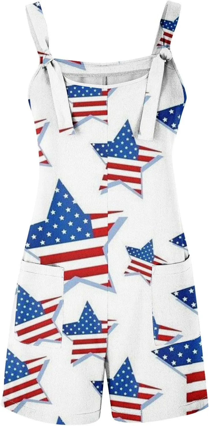 Womens Independence Day Shorts Romper American Flag Overalls Sleeveless Baggy Adjustable One Piece Jumpsuit w/Pockets