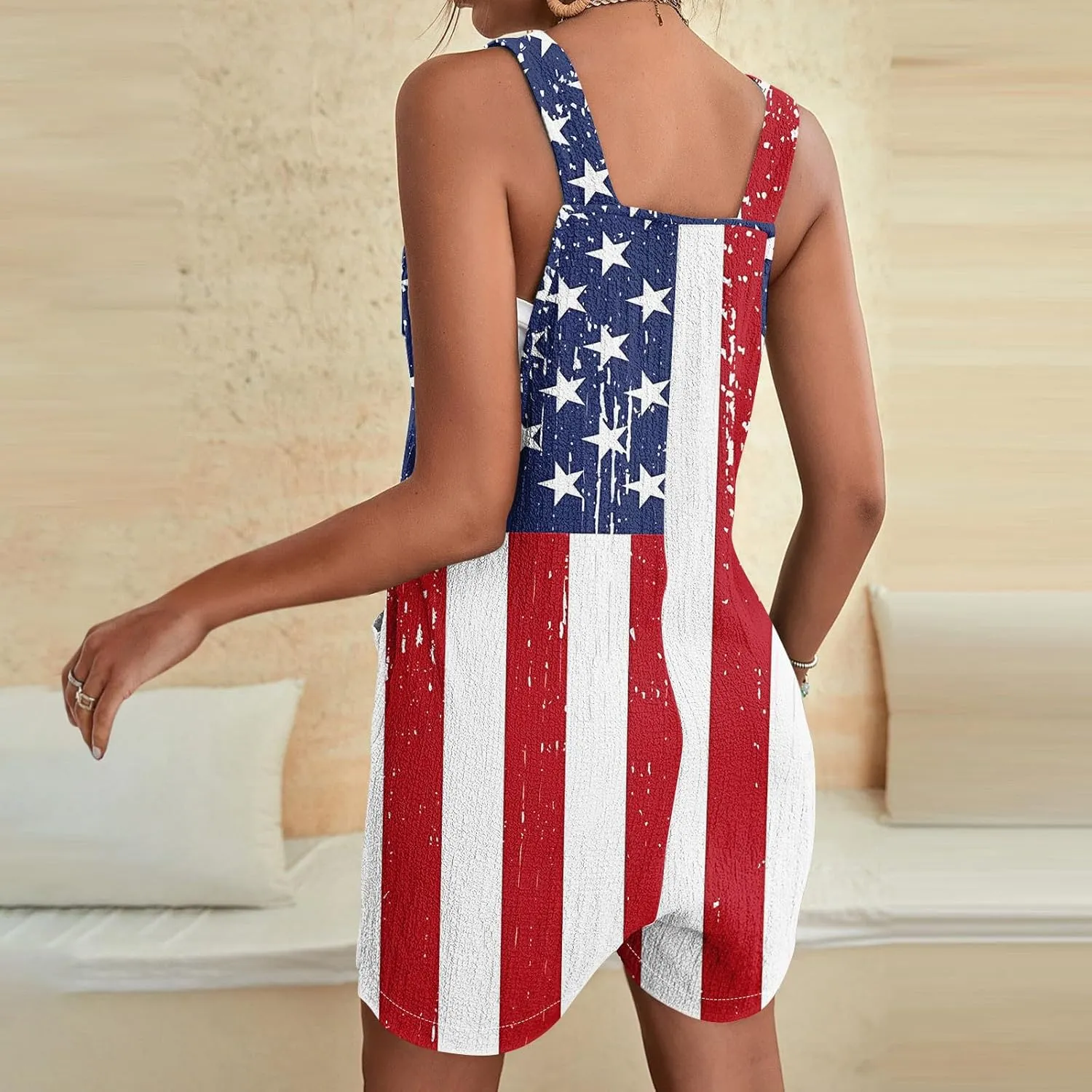 Womens Independence Day Shorts Romper American Flag Overalls Sleeveless Baggy Adjustable One Piece Jumpsuit w/Pockets