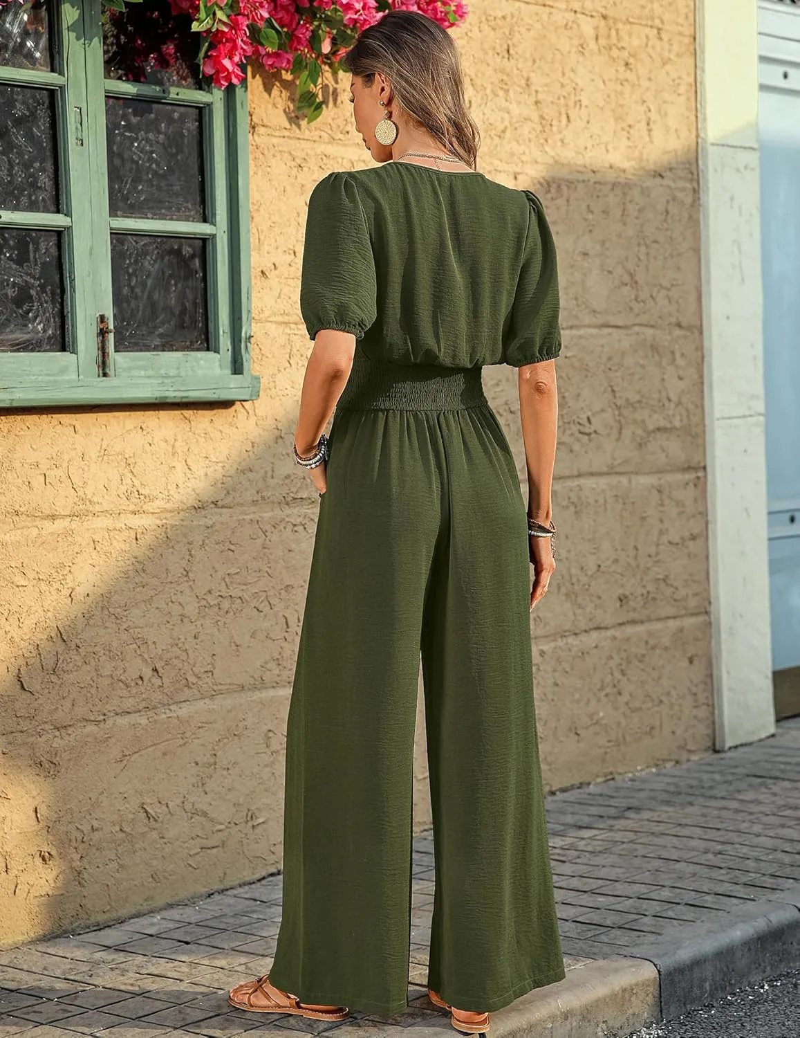 Womens Jumpsuits Short Sleeve V Neck Dressy Casual Wide Leg Pants Romper 2025 Summer One Piece Outfits