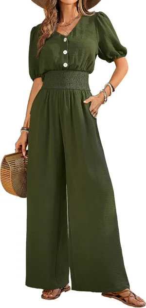 Womens Jumpsuits Short Sleeve V Neck Dressy Casual Wide Leg Pants Romper 2025 Summer One Piece Outfits