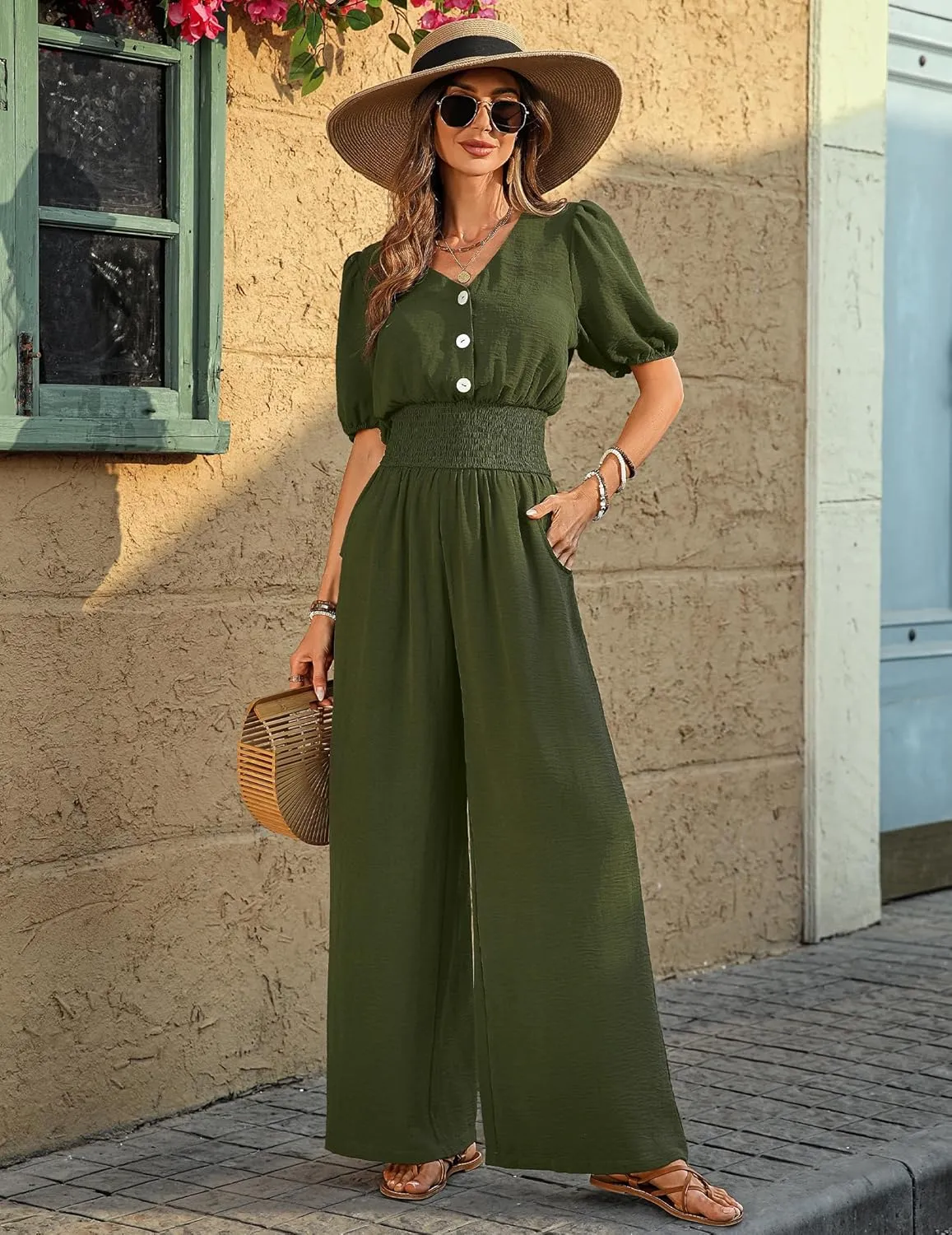 Womens Jumpsuits Short Sleeve V Neck Dressy Casual Wide Leg Pants Romper 2025 Summer One Piece Outfits