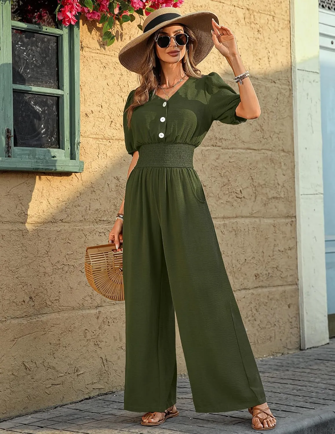 Womens Jumpsuits Short Sleeve V Neck Dressy Casual Wide Leg Pants Romper 2025 Summer One Piece Outfits