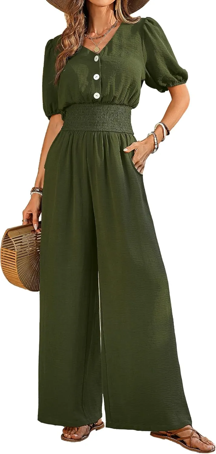 Womens Jumpsuits Short Sleeve V Neck Dressy Casual Wide Leg Pants Romper 2025 Summer One Piece Outfits