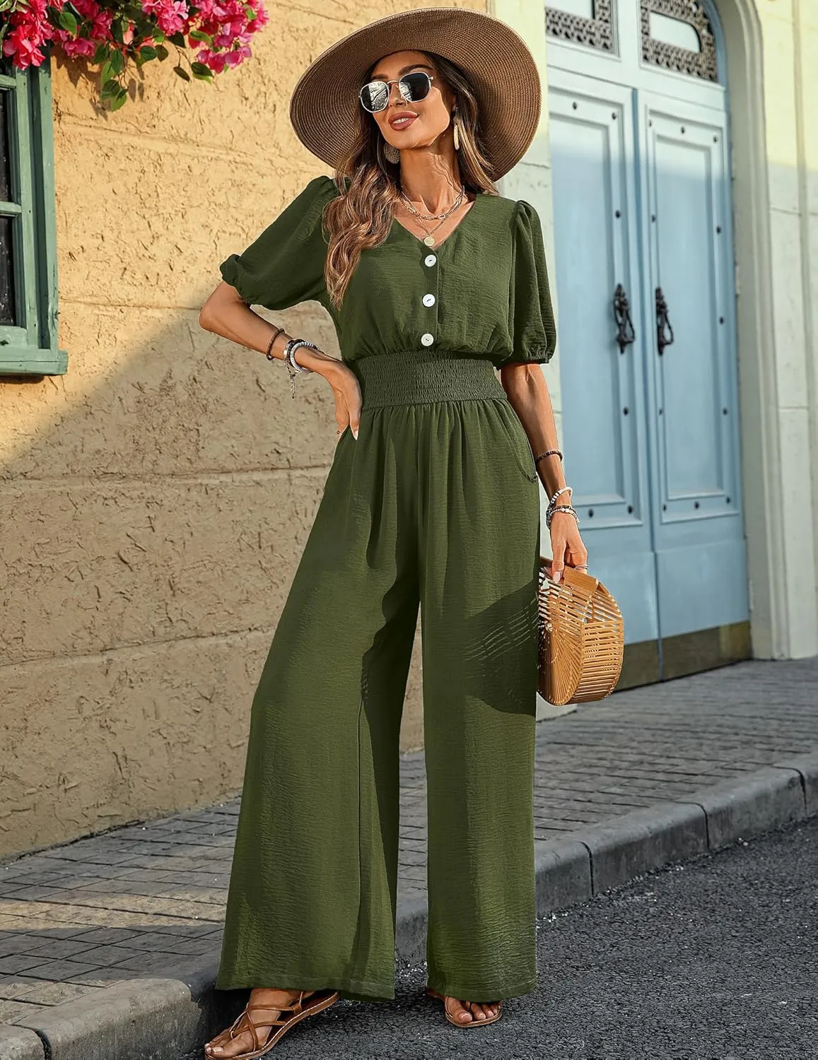 Womens Jumpsuits Short Sleeve V Neck Dressy Casual Wide Leg Pants Romper 2025 Summer One Piece Outfits