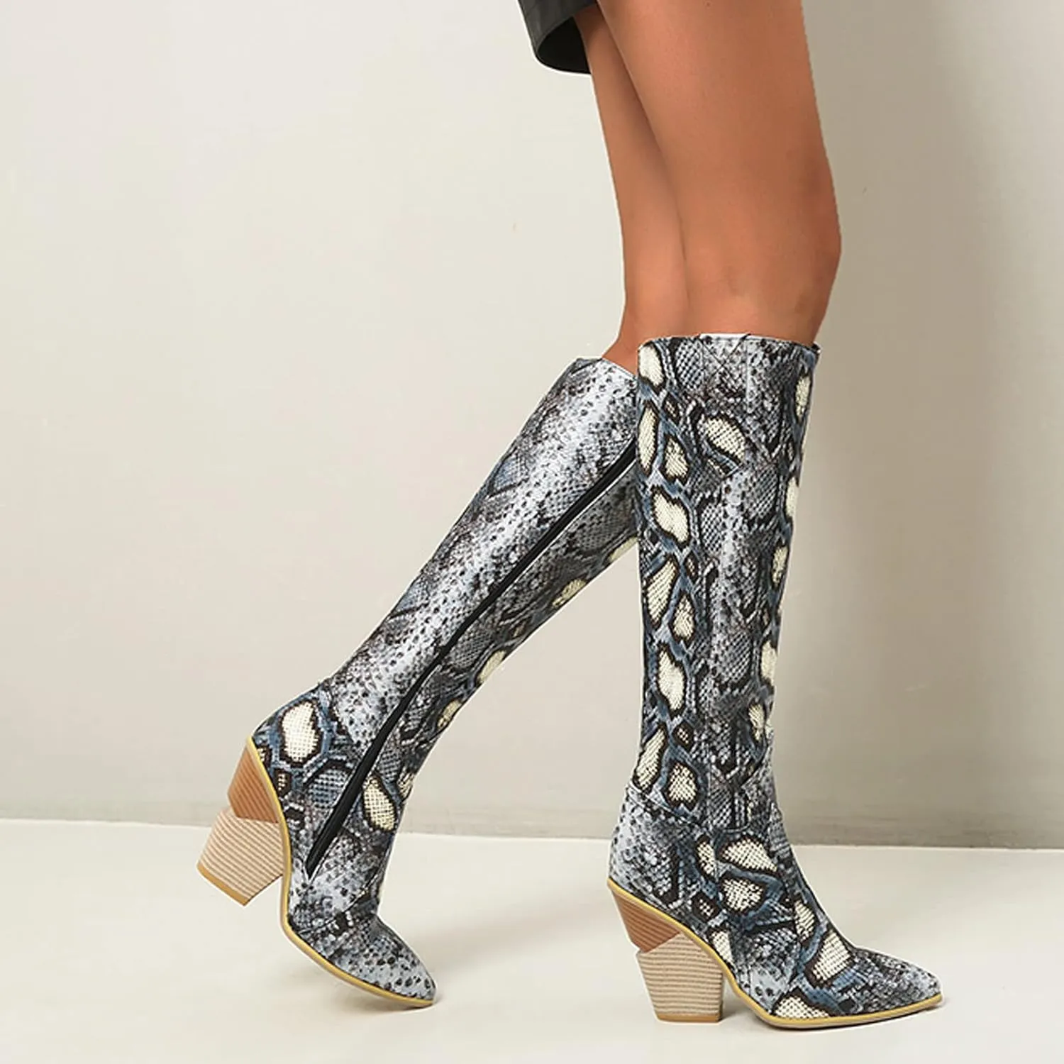 Womens Knee High Snakeskin Boots - Sexy Snake Print Pointed Toe Side Zipper Chunky High Heel Long Boots Casual Trendy Ladies Stack Heels Shoes